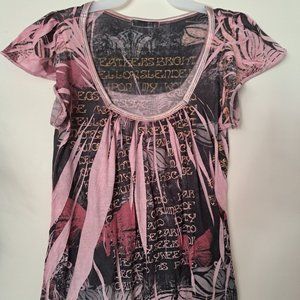 Casual Freedom Short Sleeve Ruffled Blousy Top Med T Shirt Floral Boho Tunic